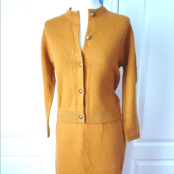 Vintage Orange Ballantyne Scotland 100% Cashmere Sweater+Pencil Skirt Suit Set - Picture 1 of 13